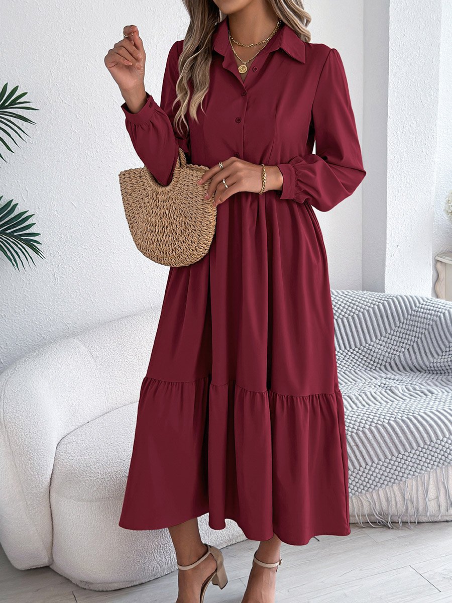 Burgundy A-Line Midi Dress with Long Sleeves