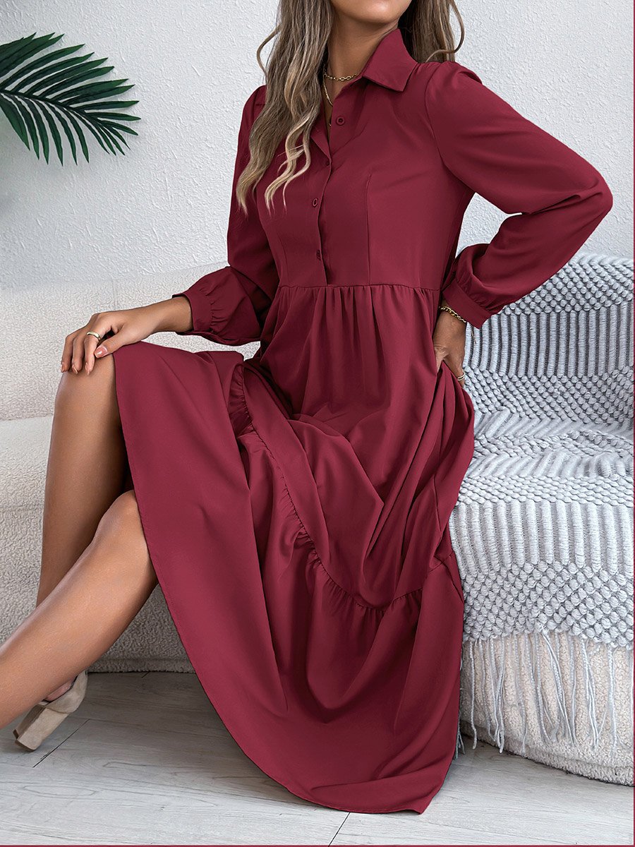Burgundy A-Line Midi Dress with Long Sleeves