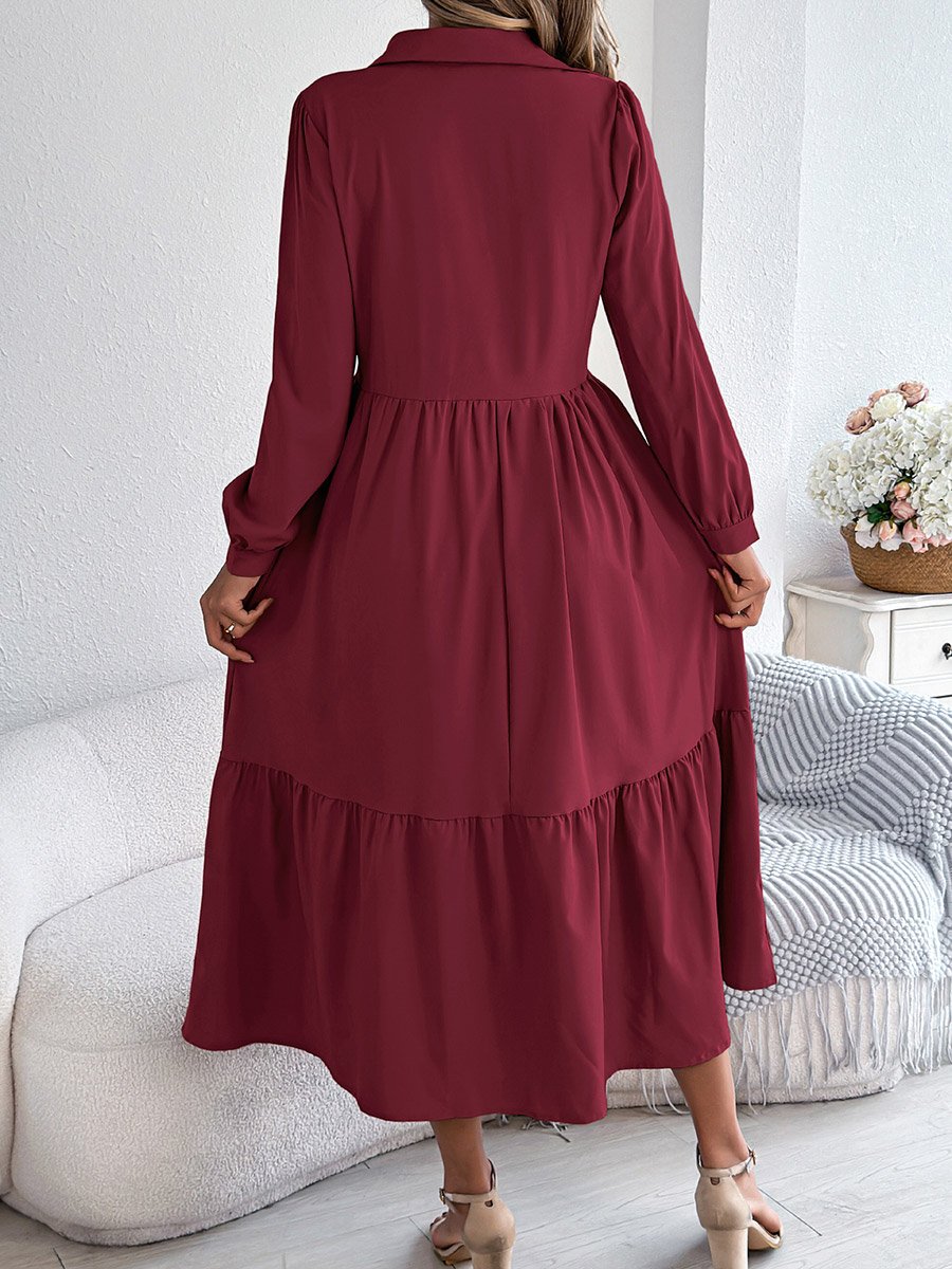 Burgundy A-Line Midi Dress with Long Sleeves