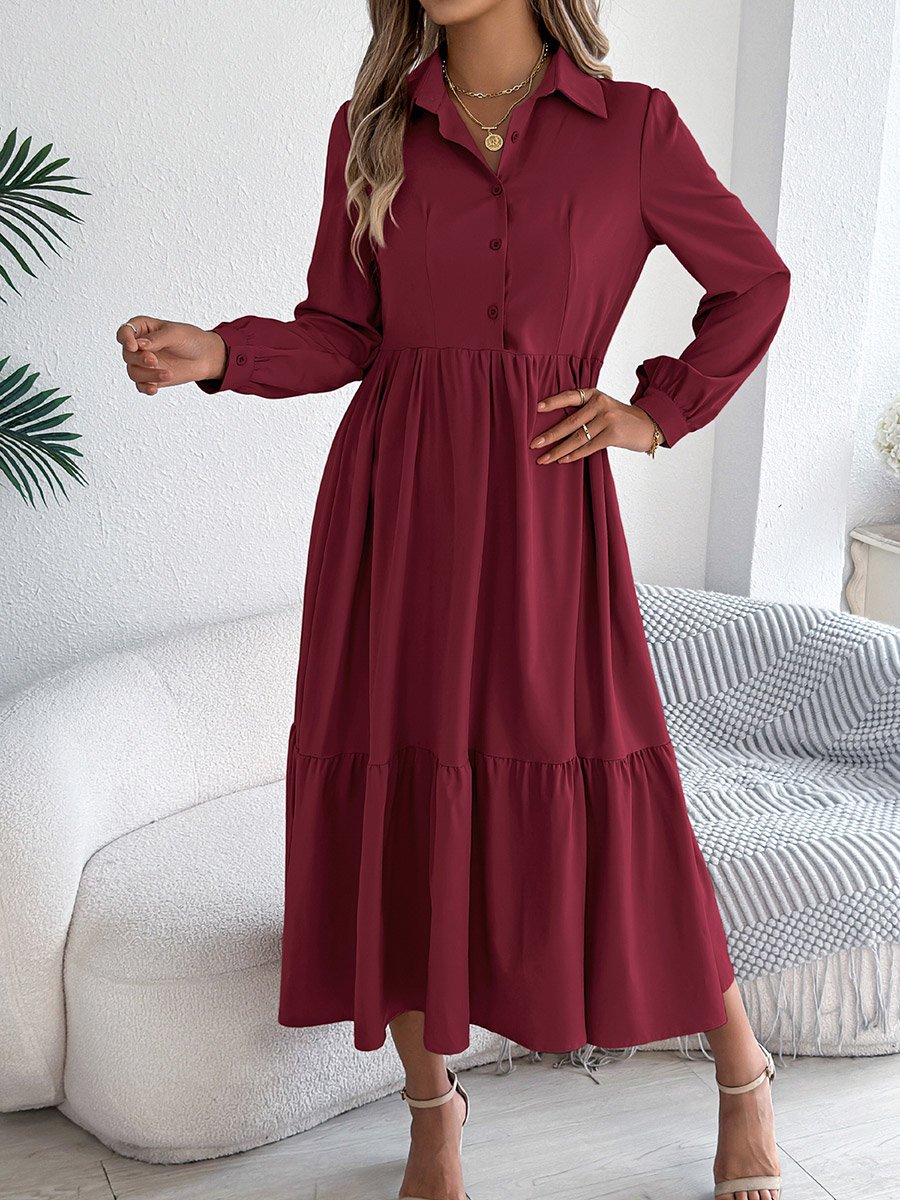 Burgundy A-Line Midi Dress with Long Sleeves