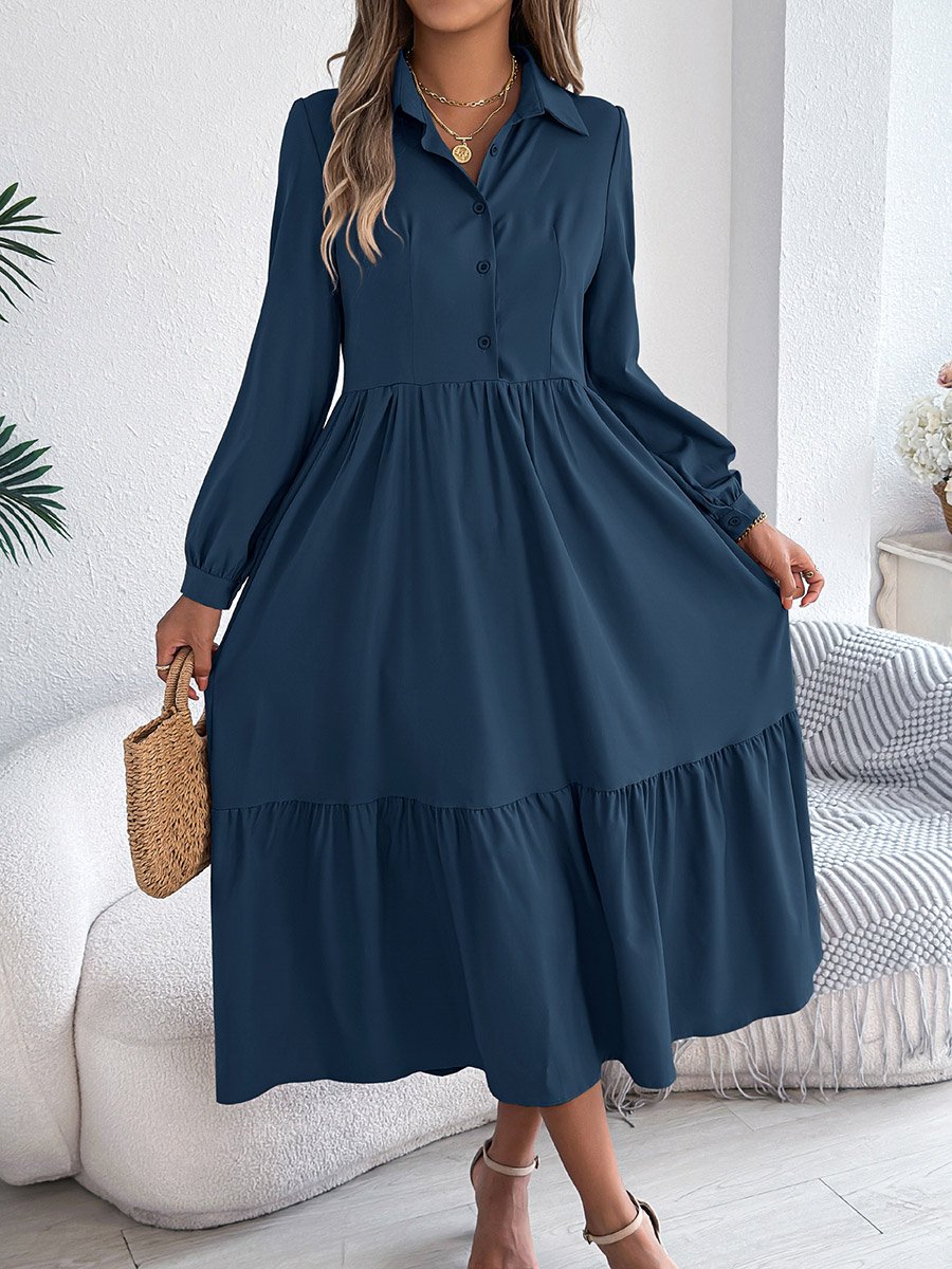 Navy Blue A-Line Midi Dress with Long Sleeves