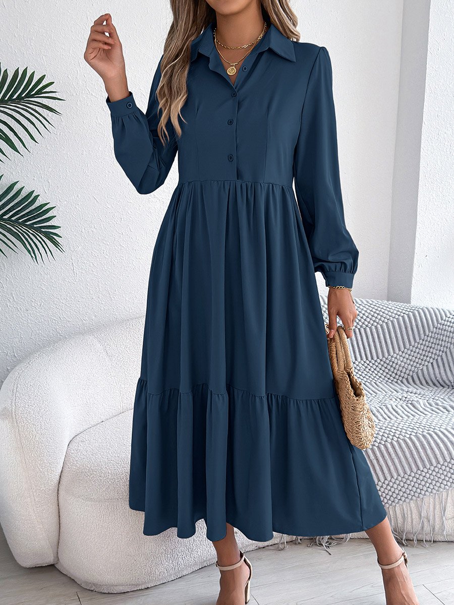 Navy Blue A-Line Midi Dress with Long Sleeves