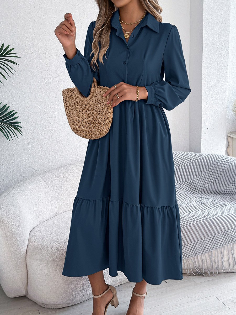 Navy Blue A-Line Midi Dress with Long Sleeves