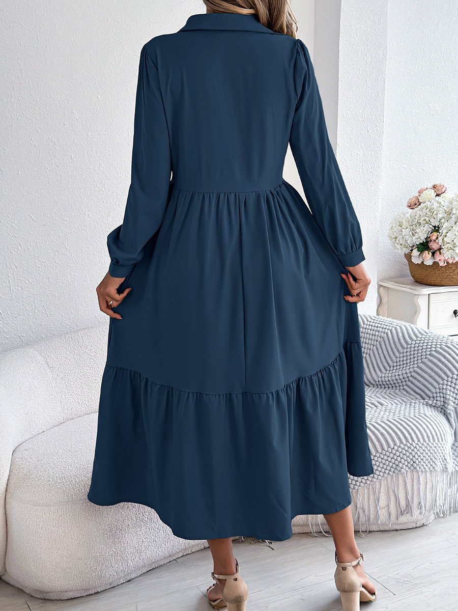 Navy Blue A-Line Midi Dress with Long Sleeves