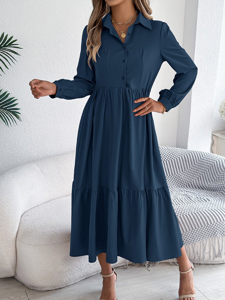 Navy Blue A-Line Midi Dress with Long Sleeves