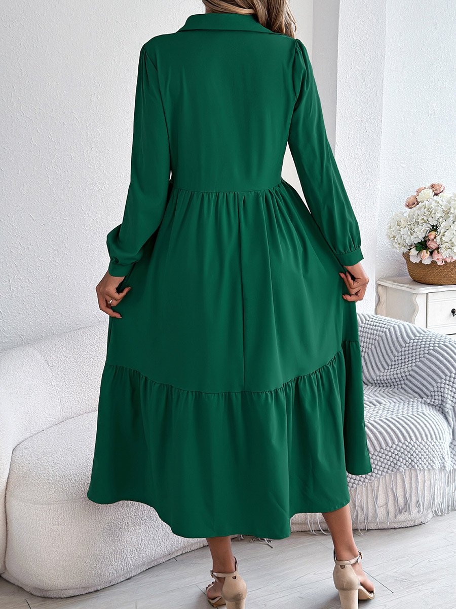 Dark Green A-Line Midi Dress with Long Sleeves