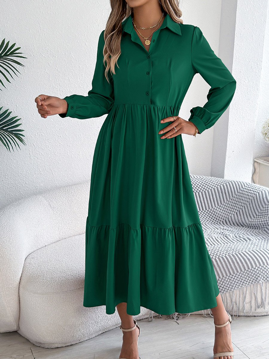 Dark Green A-Line Midi Dress with Long Sleeves