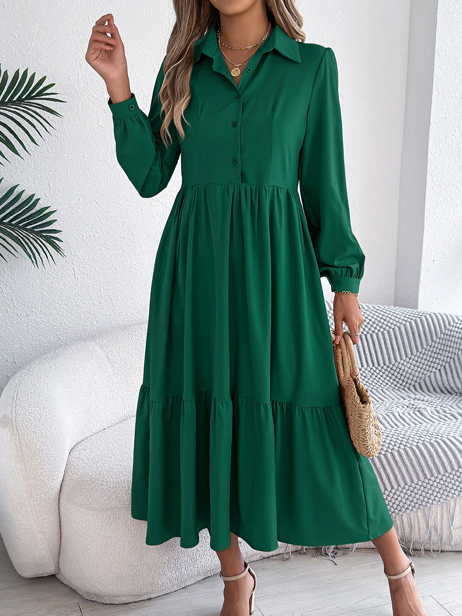 Dark Green A-Line Midi Dress with Long Sleeves