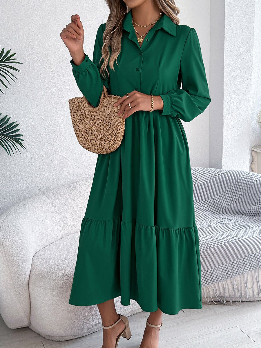 Dark Green A-Line Midi Dress with Long Sleeves