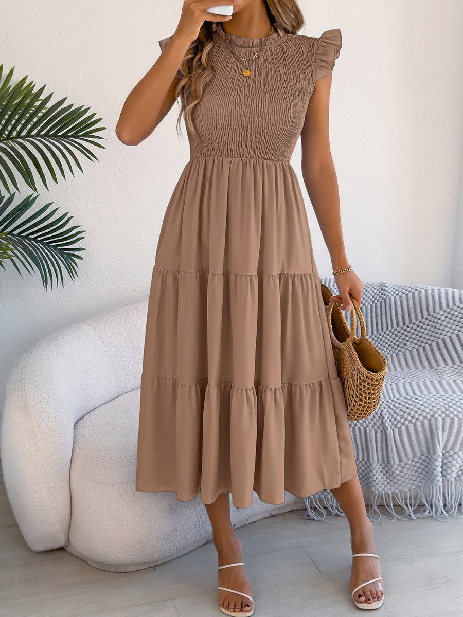 Beige Mock Neck Tiered Midi Dress For Default Category at Kuwait | Styli Beige Mock Neck Tiered Midi Dress For Default Category at Kuwait | Styli