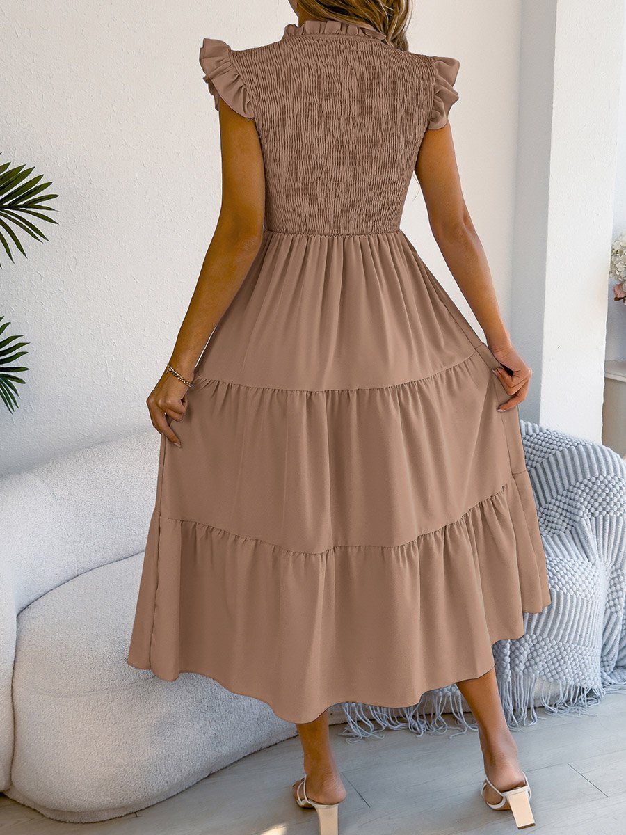 Beige Mock Neck Tiered Midi Dress