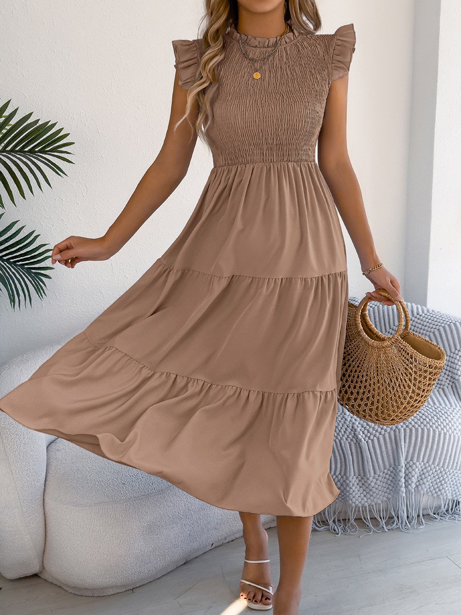 Beige Mock Neck Tiered Midi Dress
