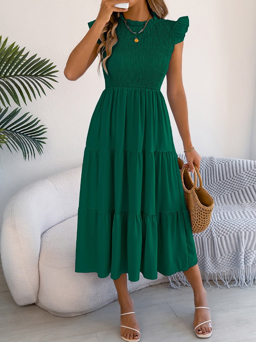 Dark Green Mock Neck Tiered Midi Dress