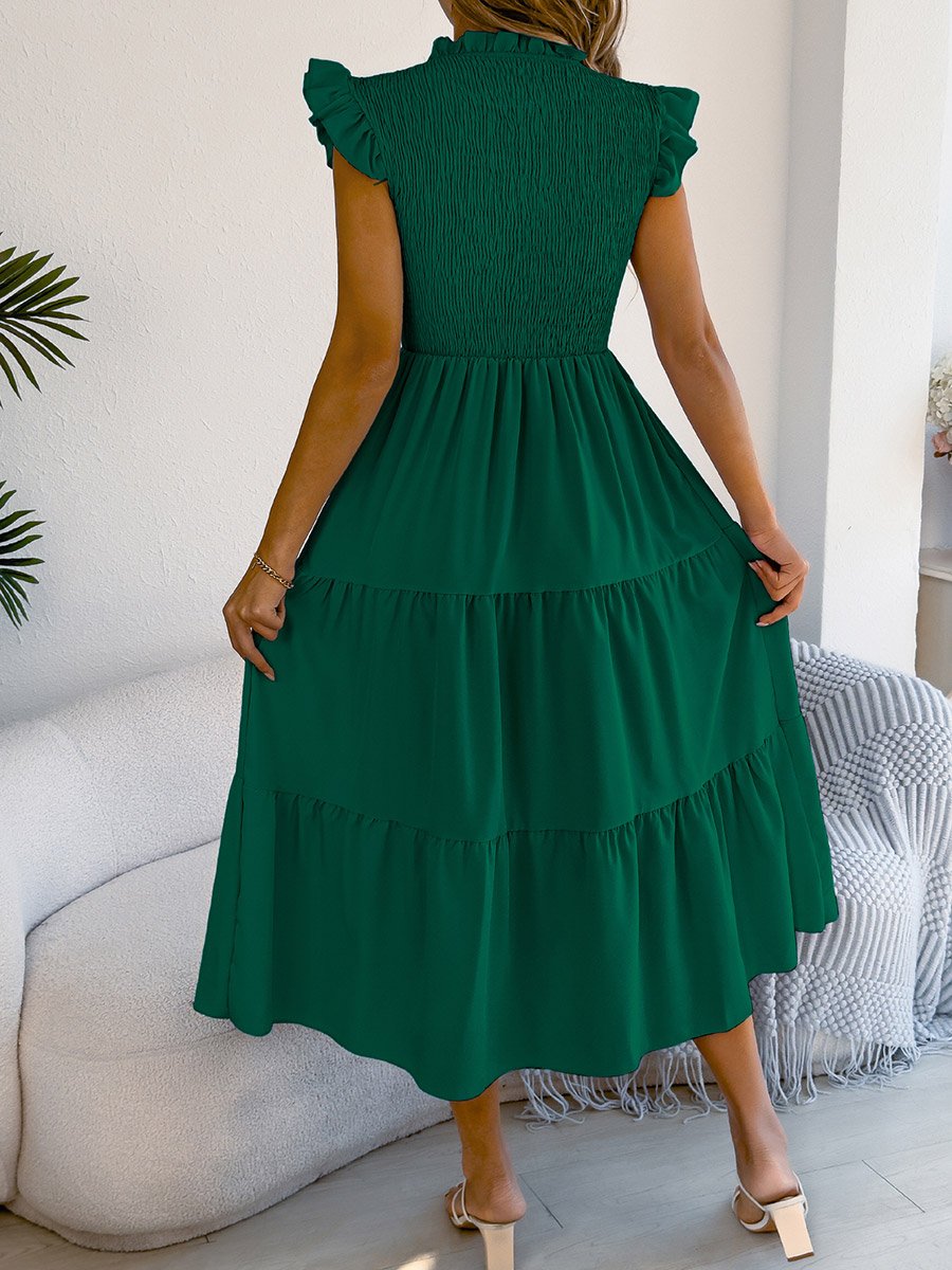 Dark Green Mock Neck Tiered Midi Dress