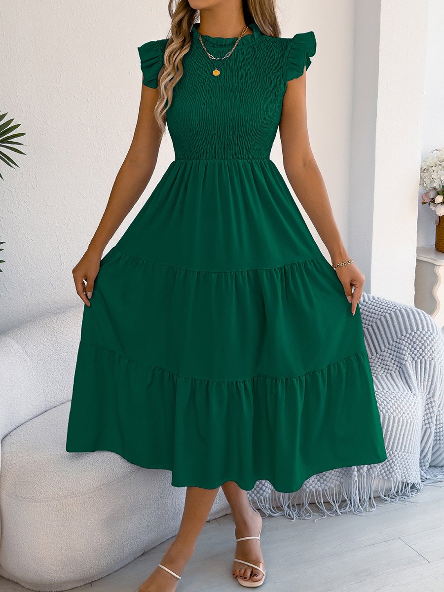 Dark Green Mock Neck Tiered Midi Dress