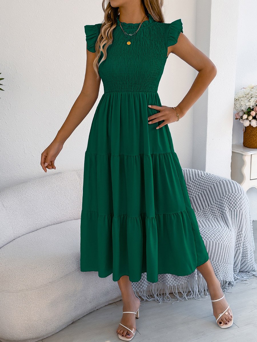 Dark Green Mock Neck Tiered Midi Dress