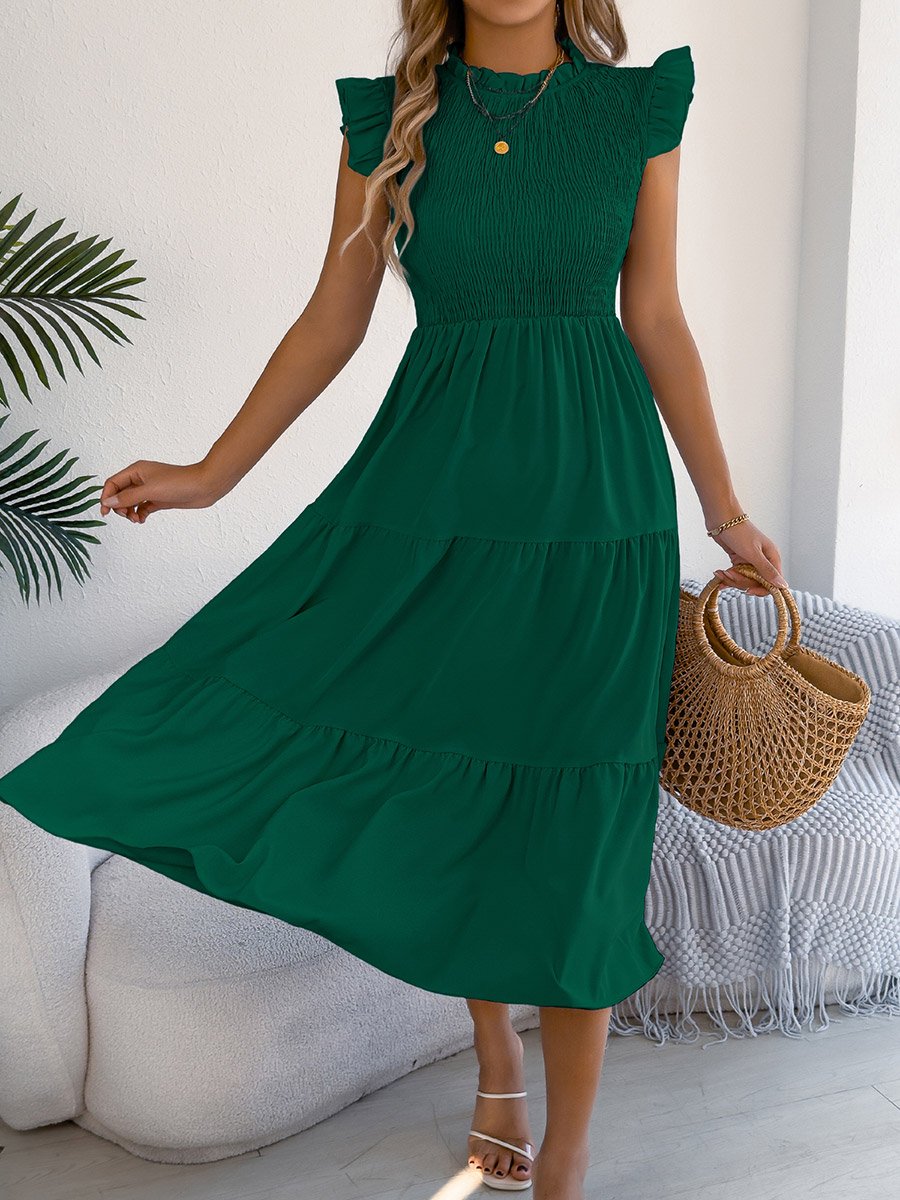 Dark Green Mock Neck Tiered Midi Dress