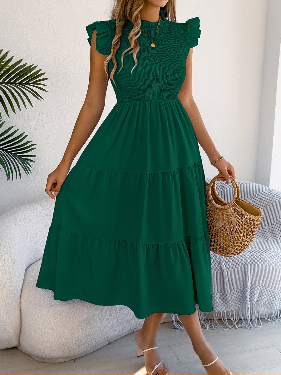 Dark Green Mock Neck Tiered Midi Dress
