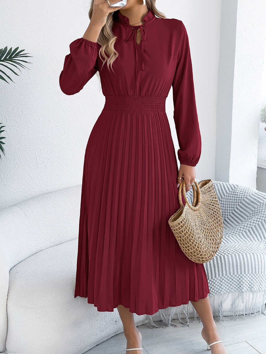 Burgundy Tie-Up Neck Pleated Midi Dress