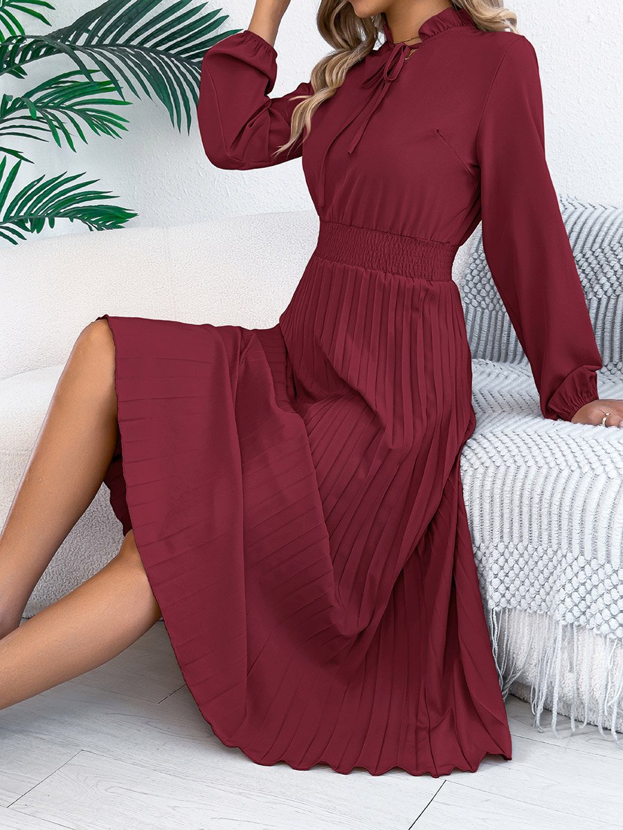 Burgundy Tie-Up Neck Pleated Midi Dress