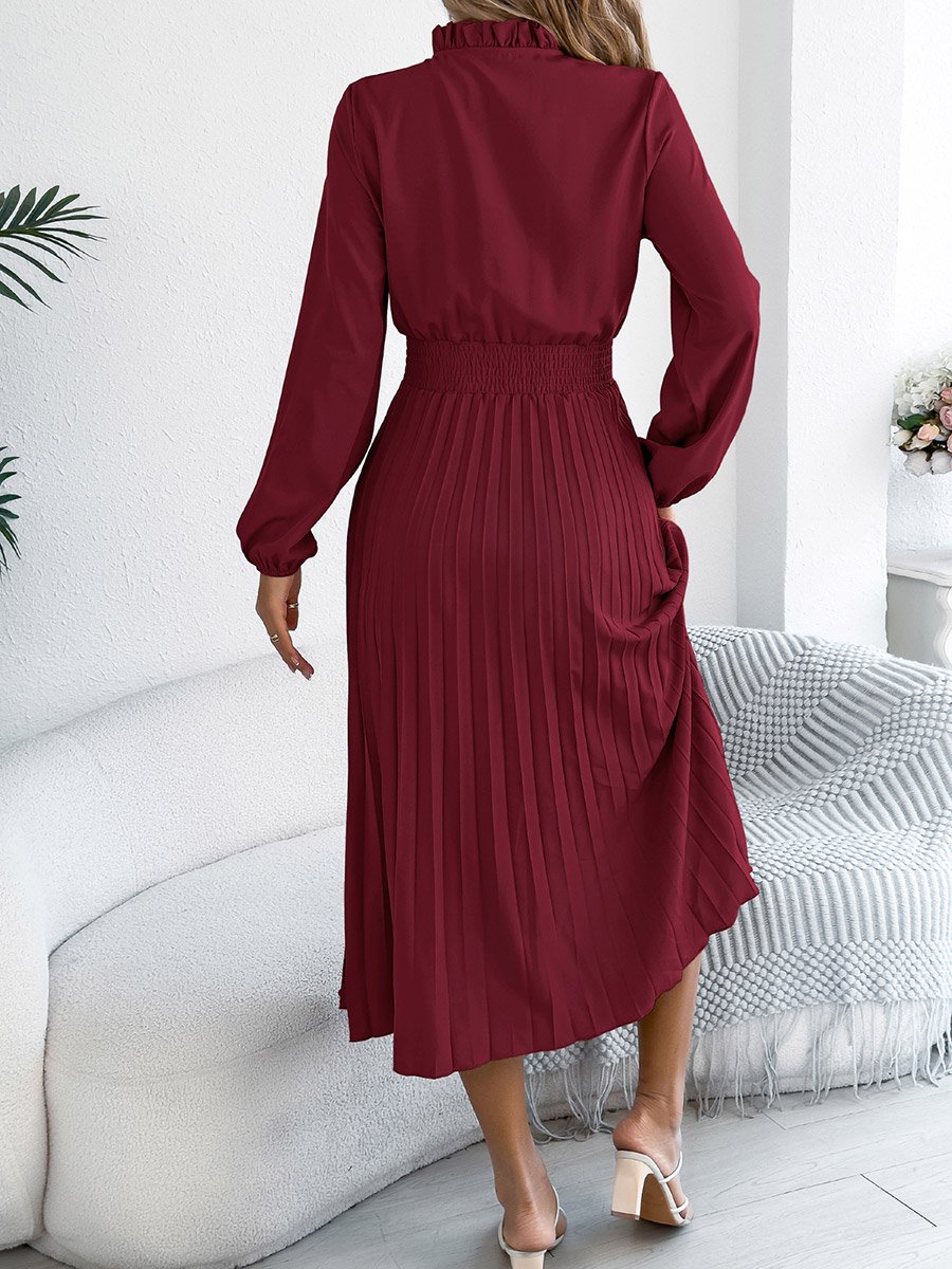 Burgundy Tie-Up Neck Pleated Midi Dress