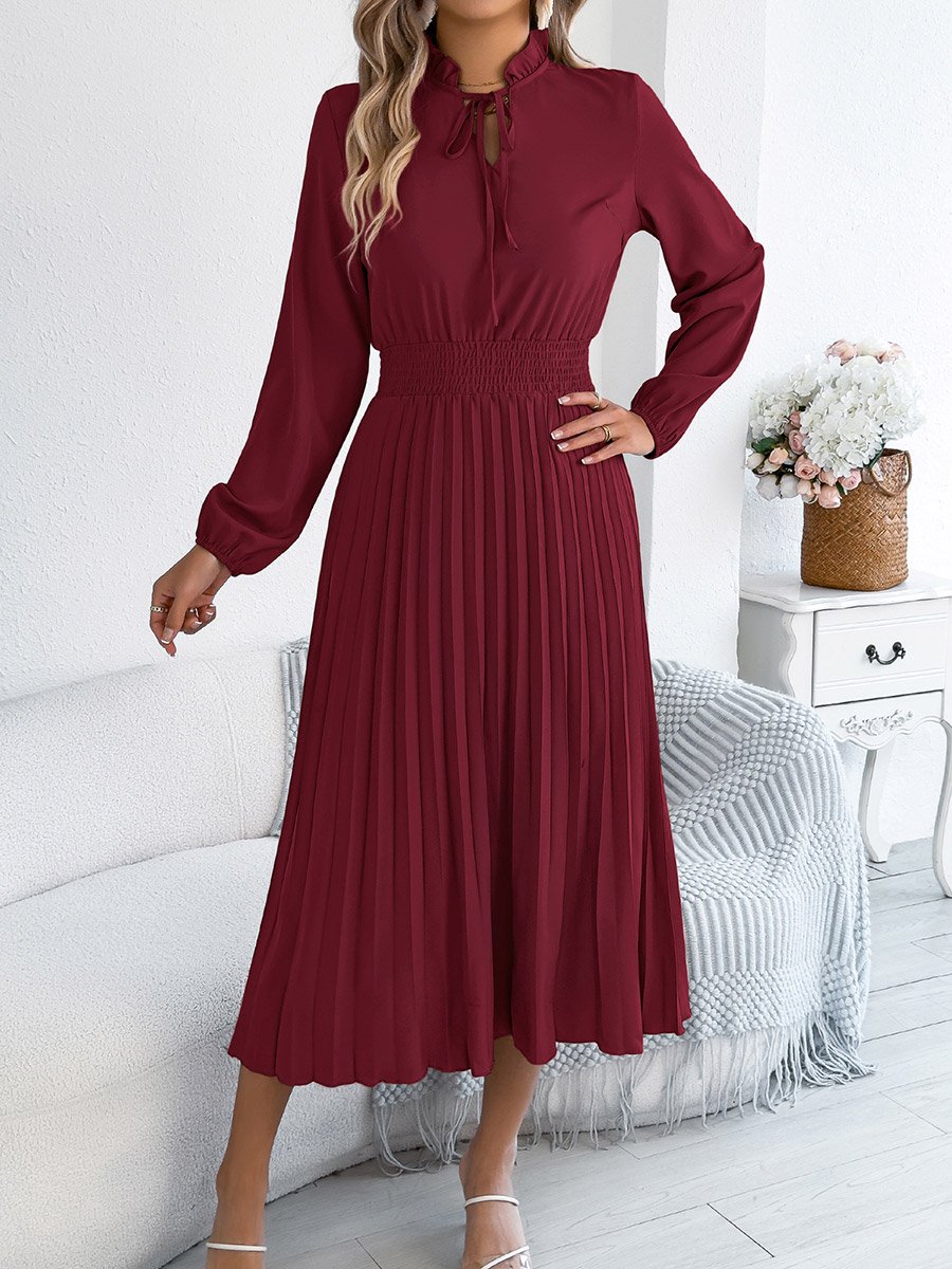 Burgundy Tie-Up Neck Pleated Midi Dress
