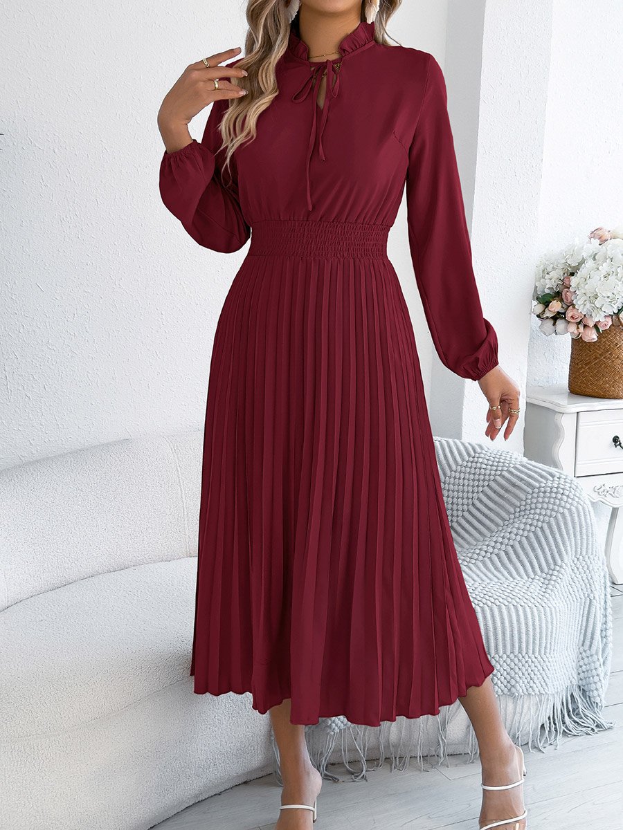 Burgundy Tie-Up Neck Pleated Midi Dress