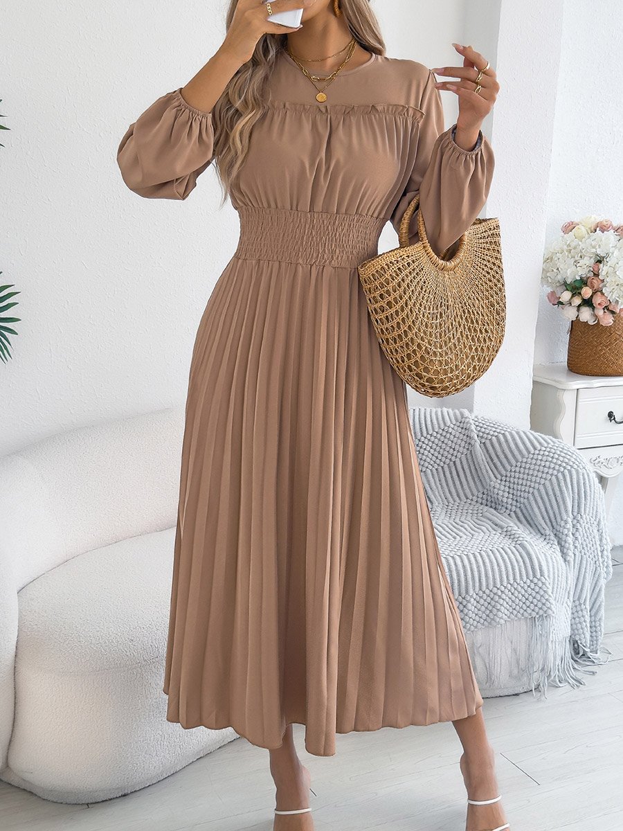 Beige Pleated A-Line Midi Dress