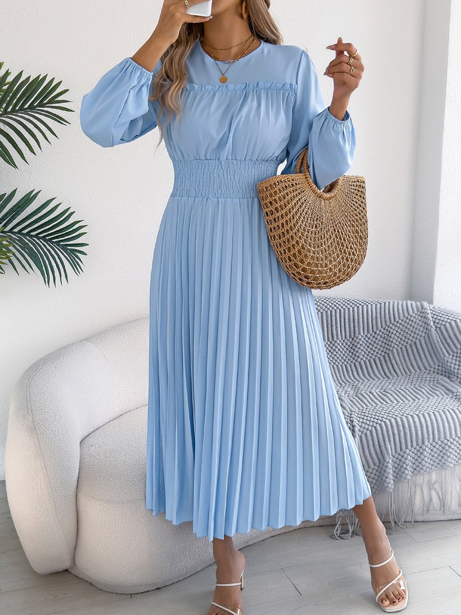 Light Blue Pleated A-Line Midi Dress