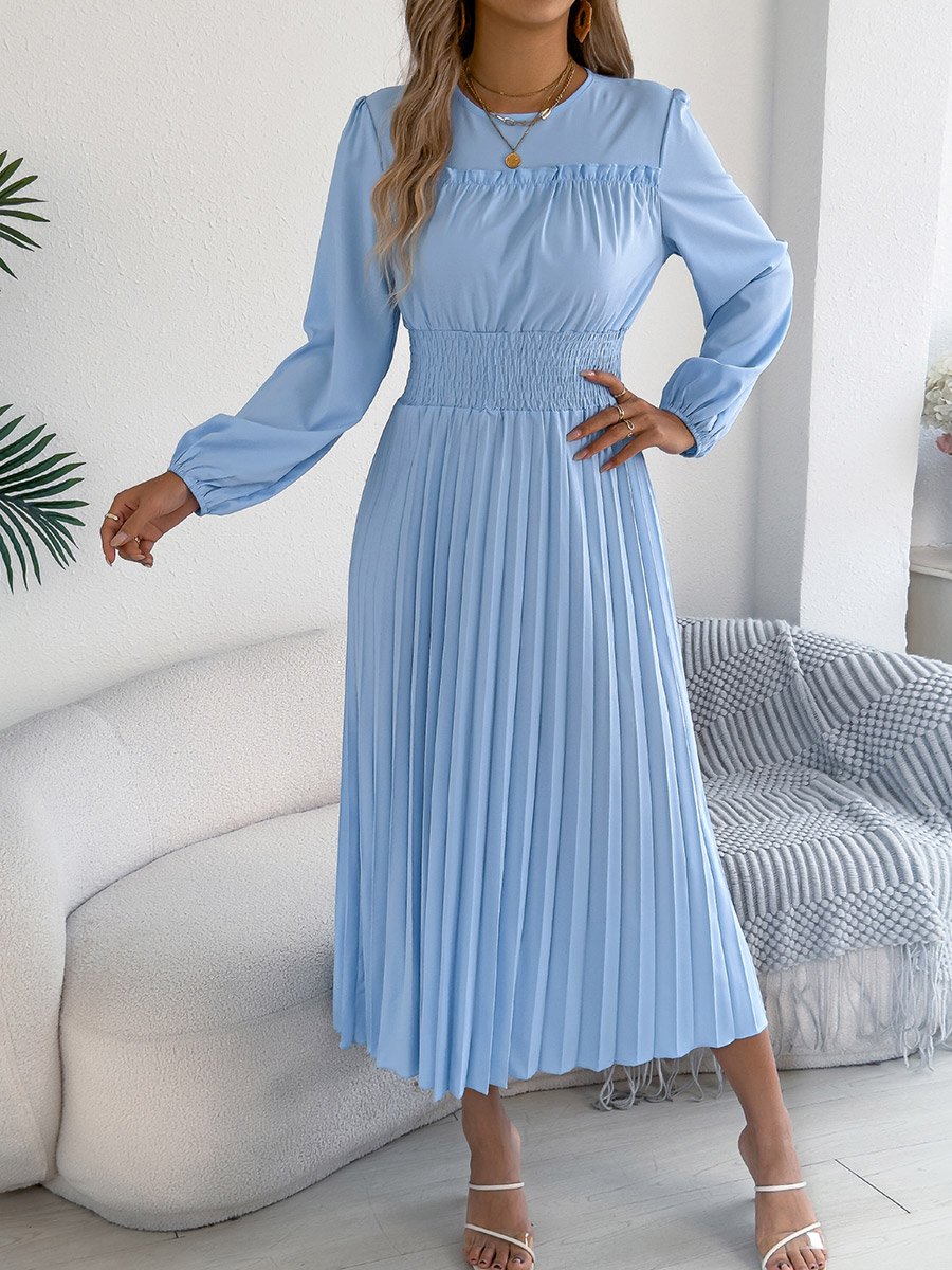 Light Blue Pleated A-Line Midi Dress