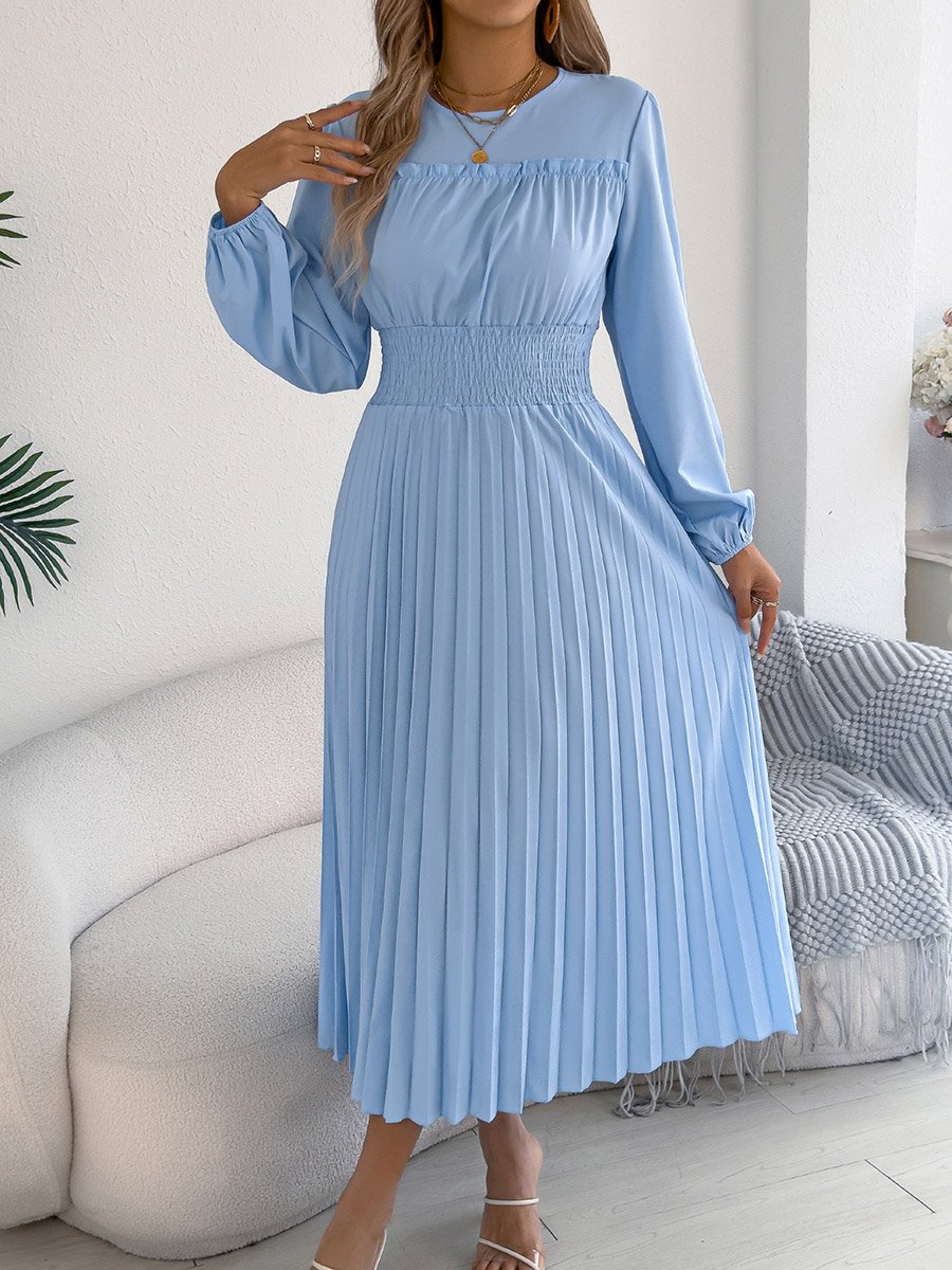 Light Blue Pleated A-Line Midi Dress