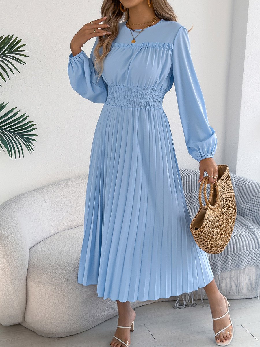 Light Blue Pleated A-Line Midi Dress