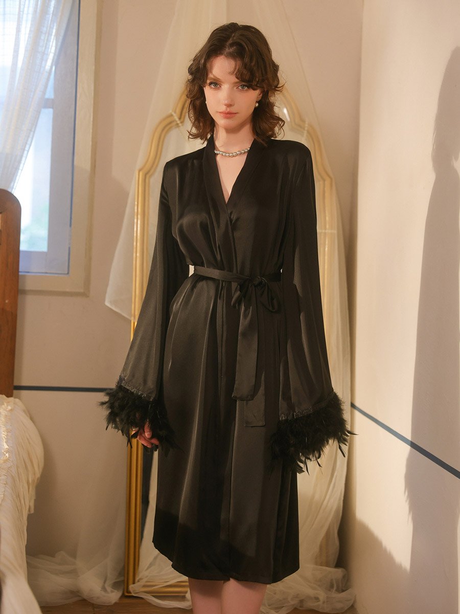 Black Feather Trim Satin Robe