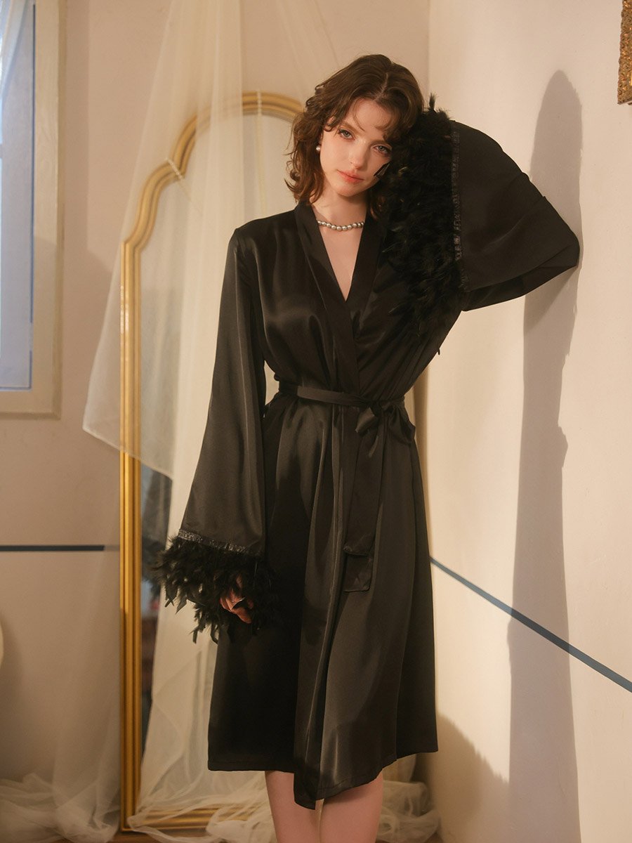Black Feather Trim Satin Robe