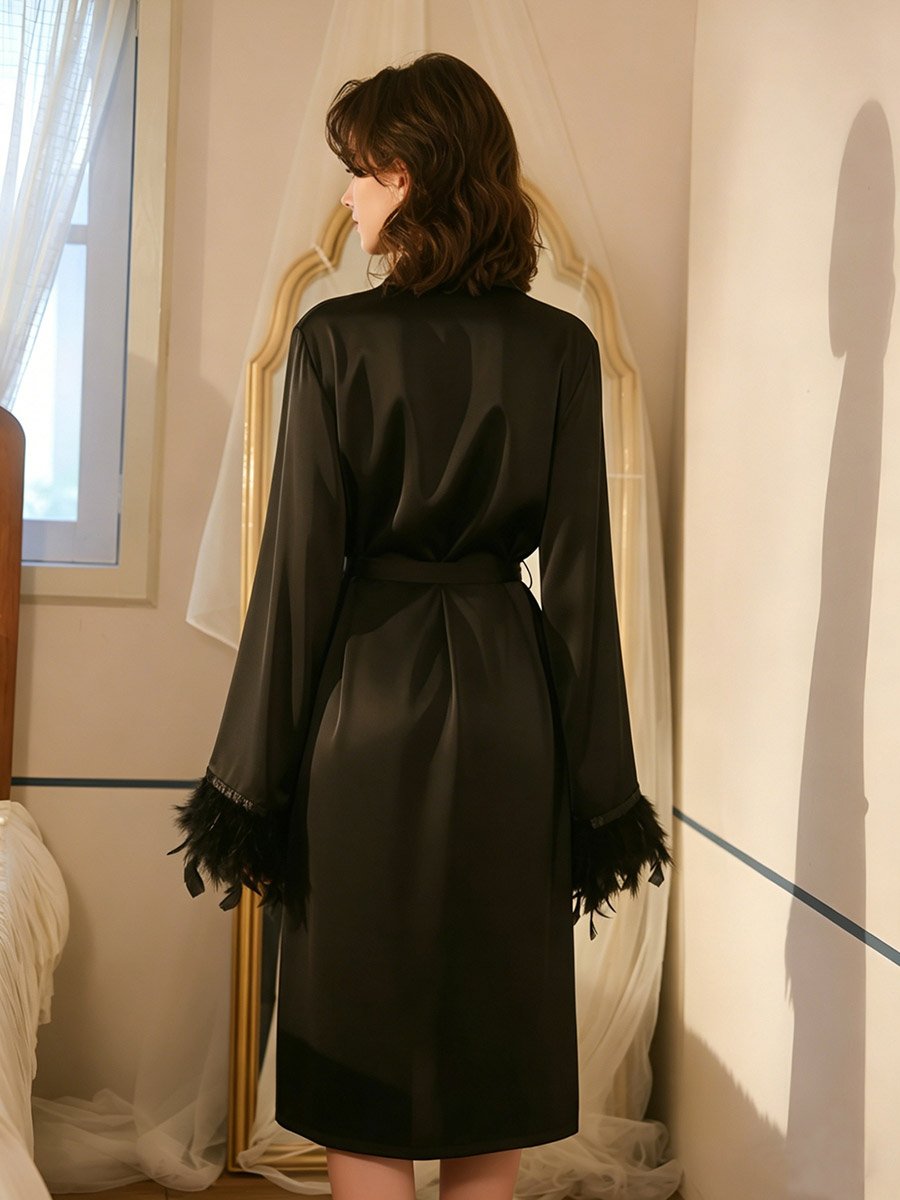 Black Feather Trim Satin Robe