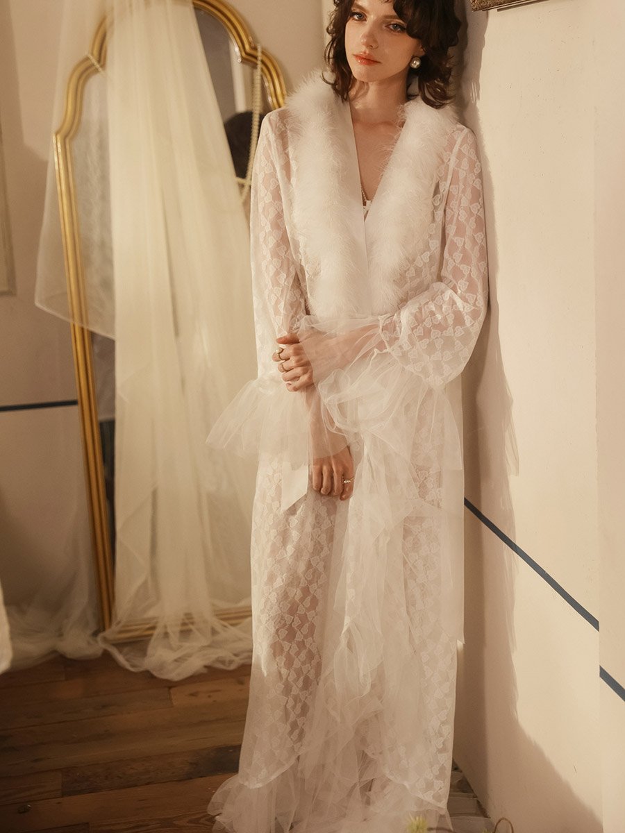 White Lace Robe with Feather Trim