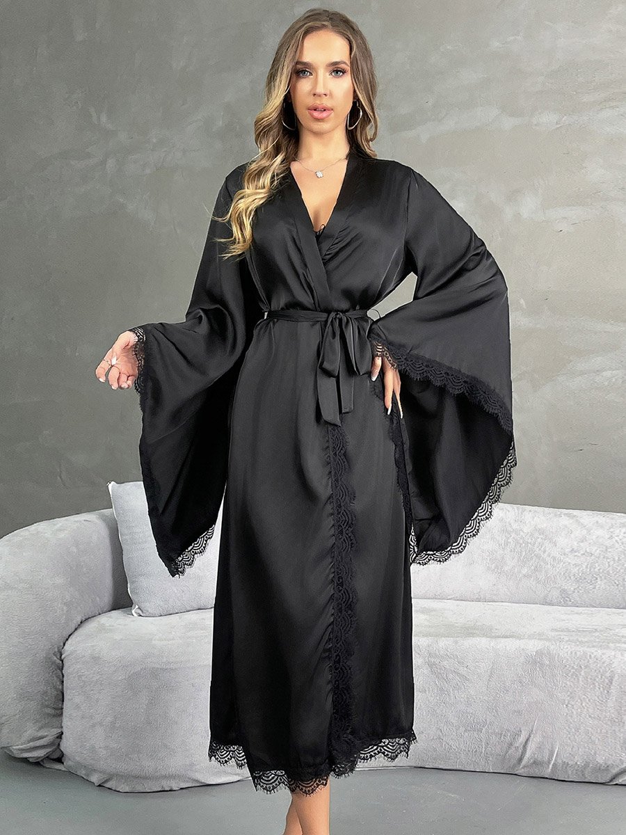 Black Lace Trim Satin Robe
