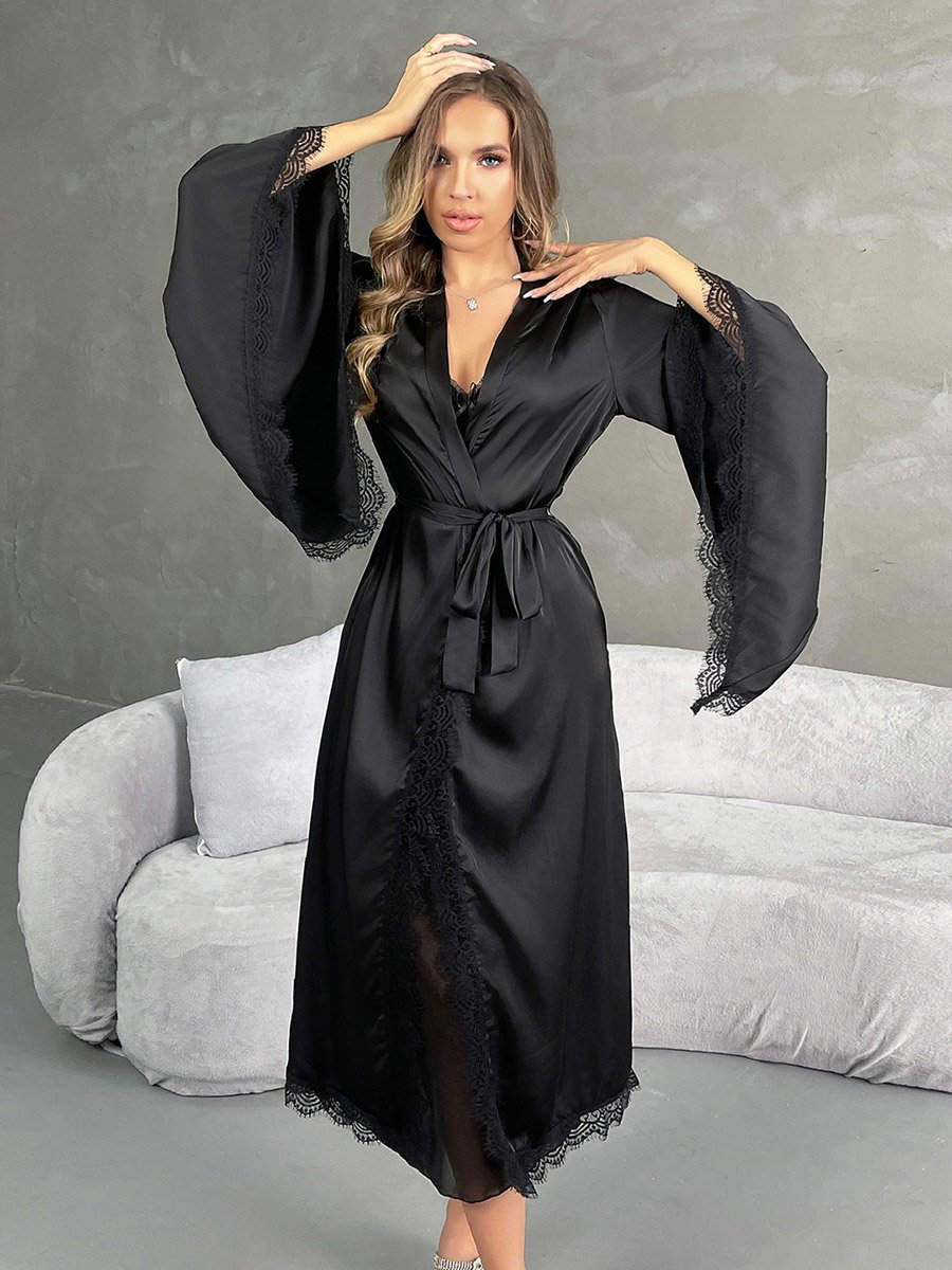 Black Lace Trim Satin Robe