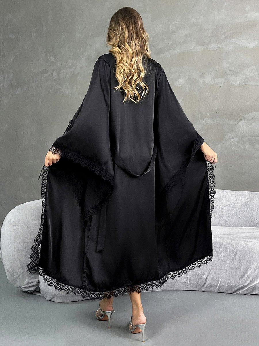 Black Lace Trim Satin Robe