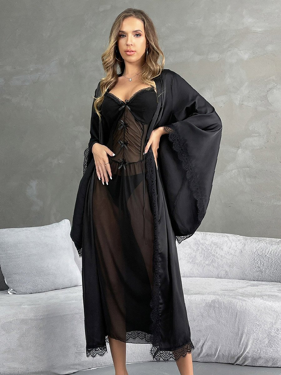 Black Lace Trim Satin Robe