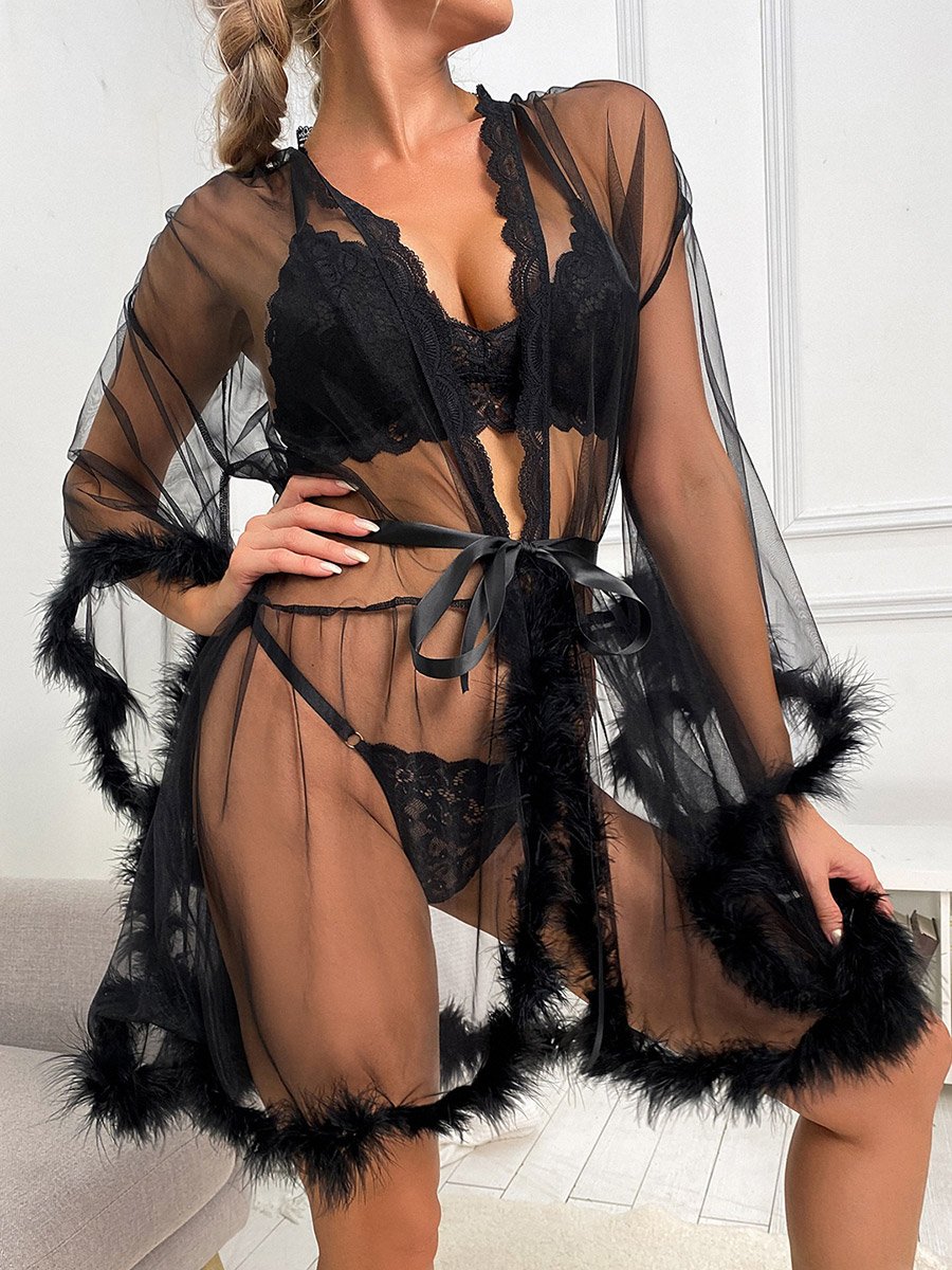 Black Feather Trim Mesh Robe
