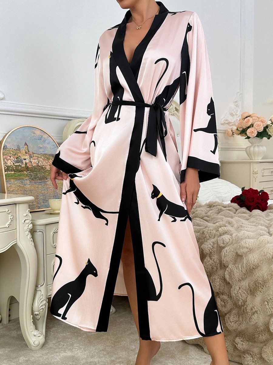 Cat Print Long Sleeve Satin Robe