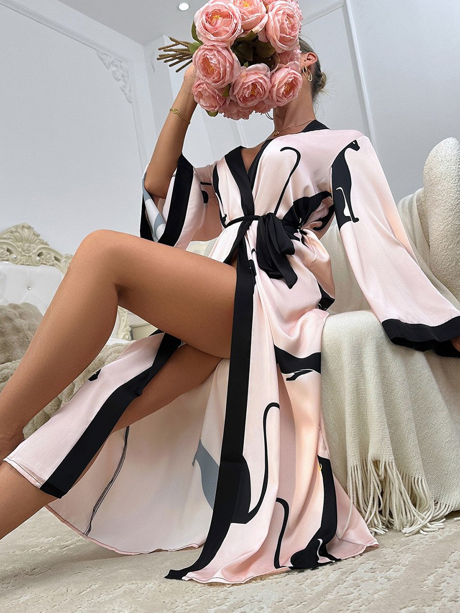 Cat Print Long Sleeve Satin Robe
