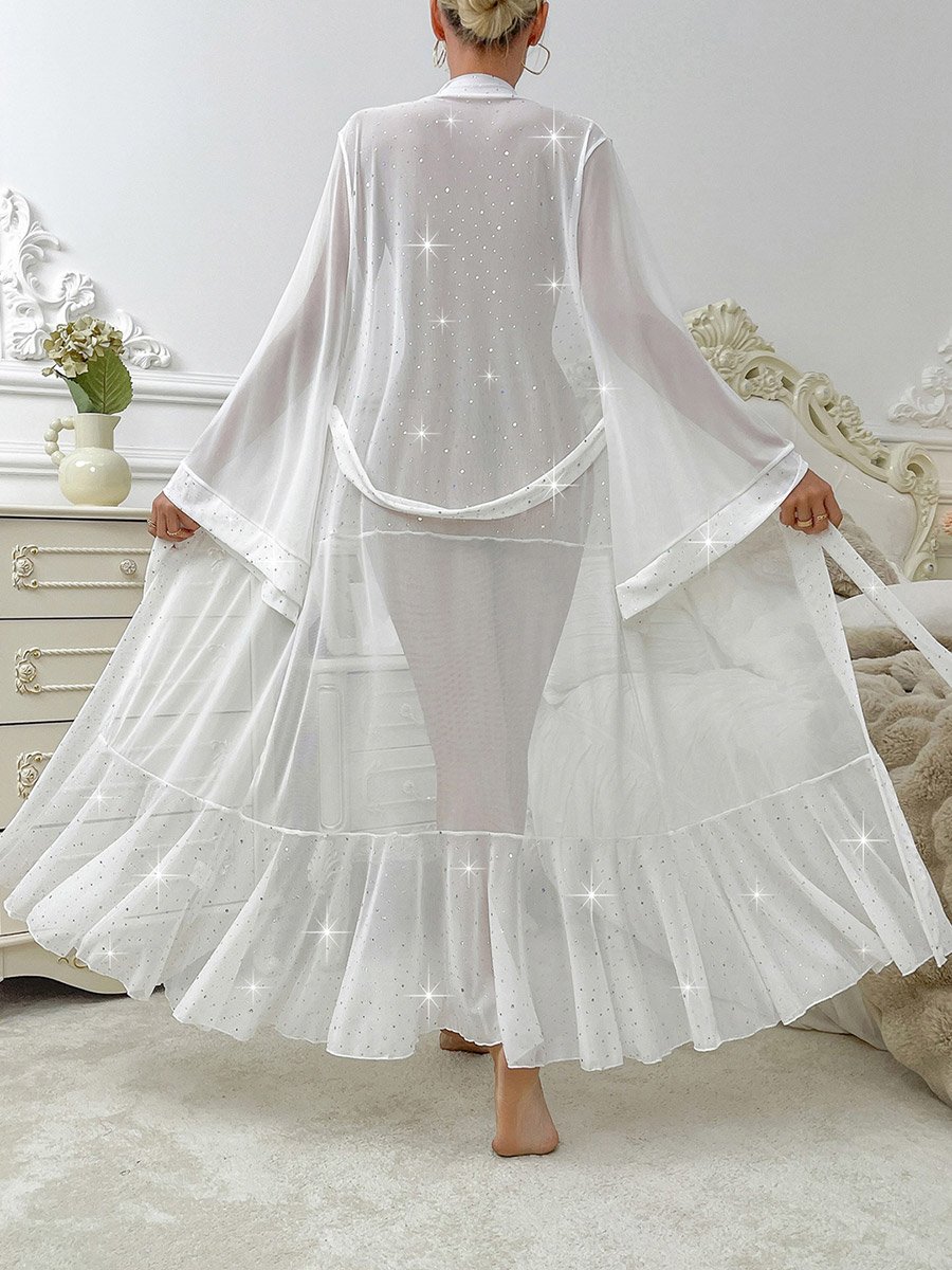 White Embellished Long Sleeve Mesh Robe