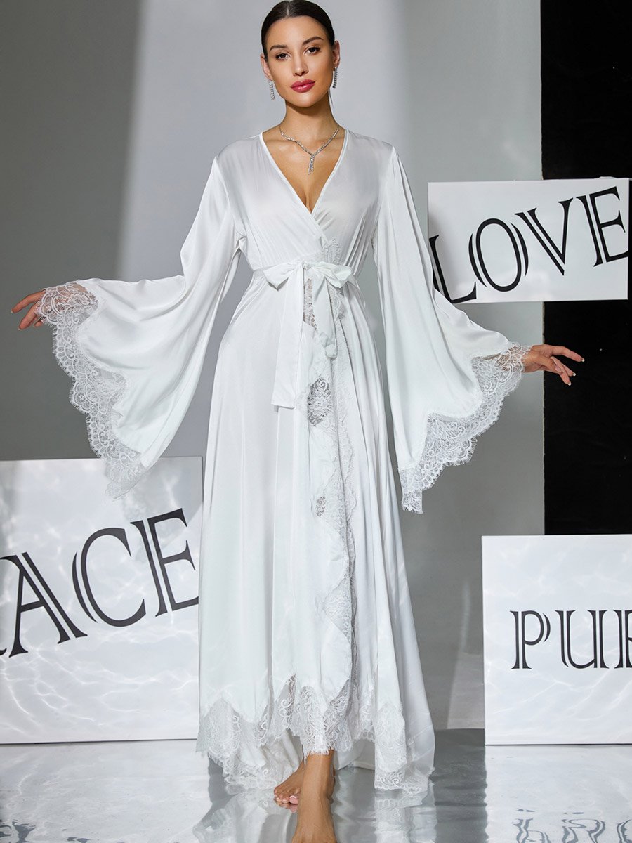 Black Lace Trim Long Sleeve Robe