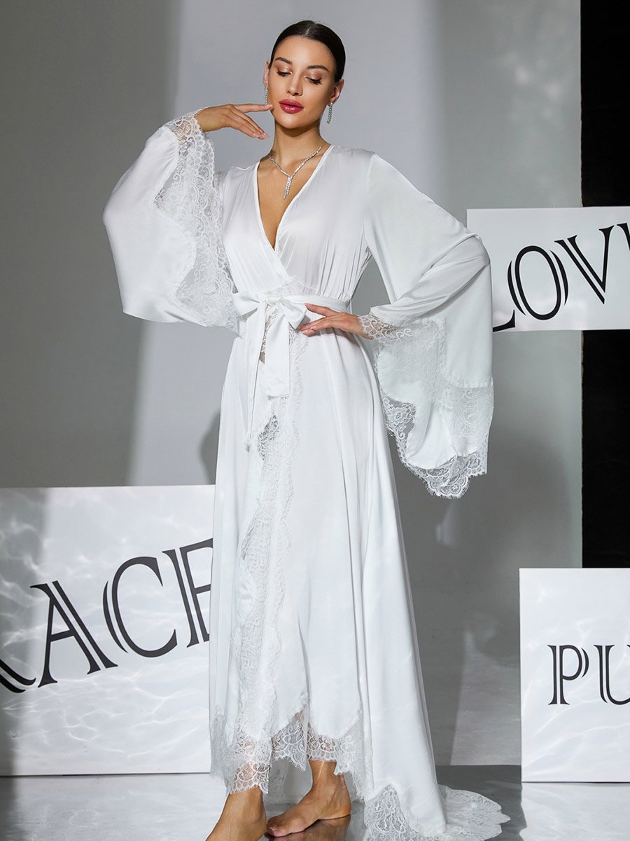 Black Lace Trim Long Sleeve Robe