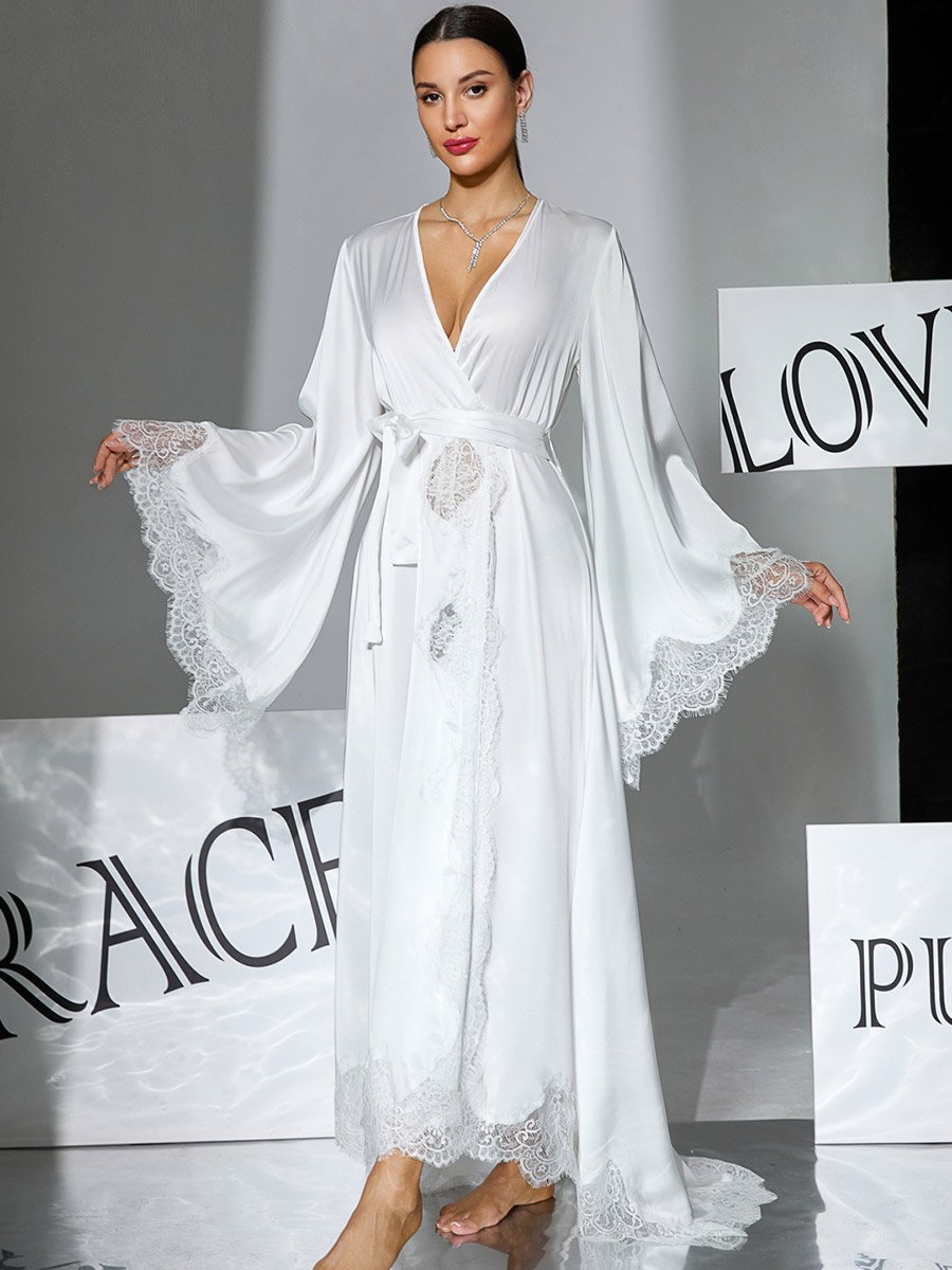 Black Lace Trim Long Sleeve Robe