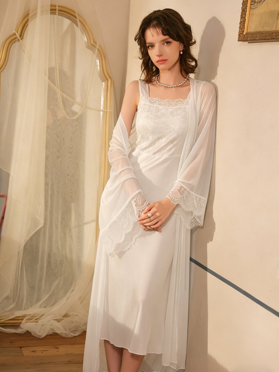 White Square Neck Lace Slip and Mesh Robe Set For Women at UAE | Styli
