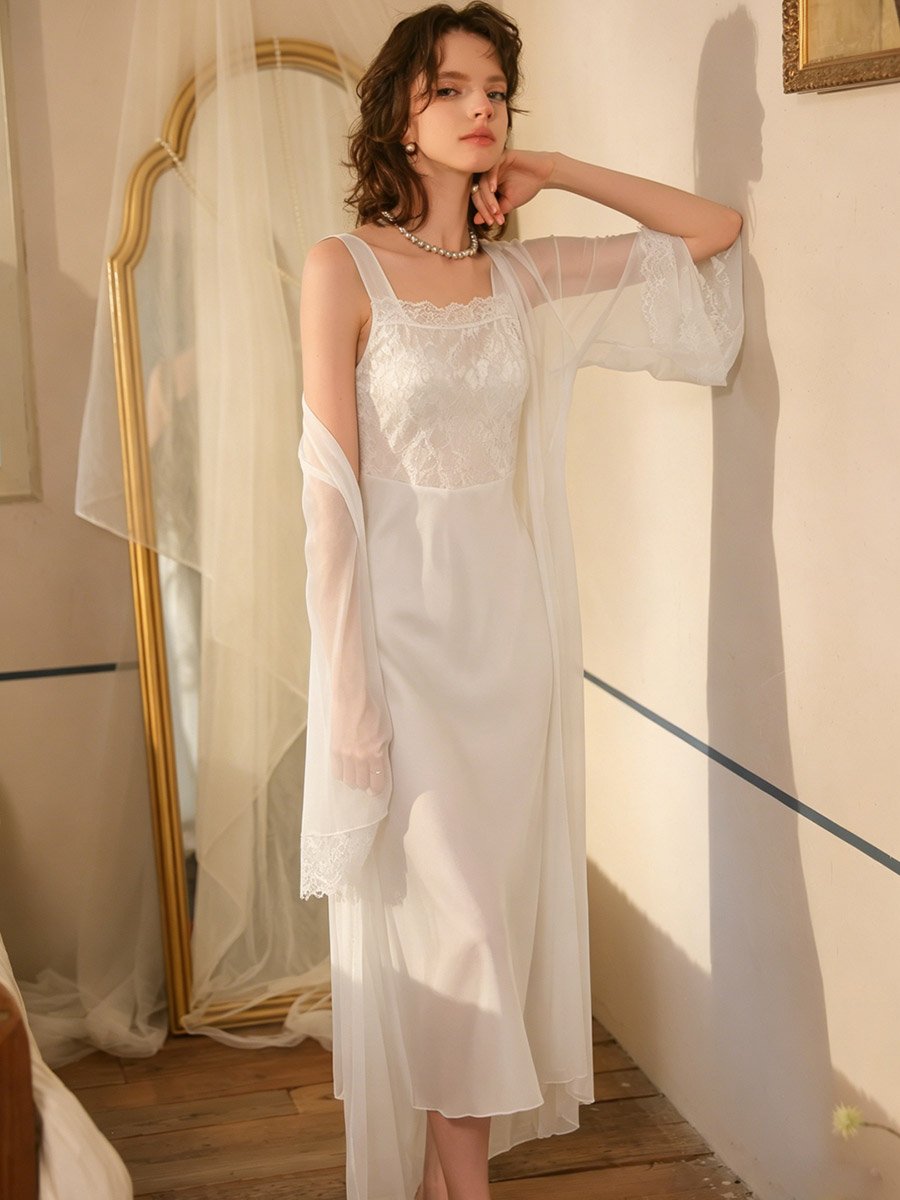 White Square Neck Lace Slip and Mesh Robe Set For Women at UAE | Styli