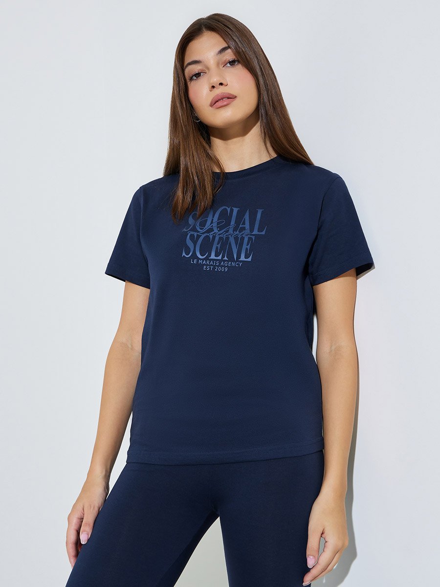 Navy Blue Text Print T-Shirt and Leggings Co-ord Set